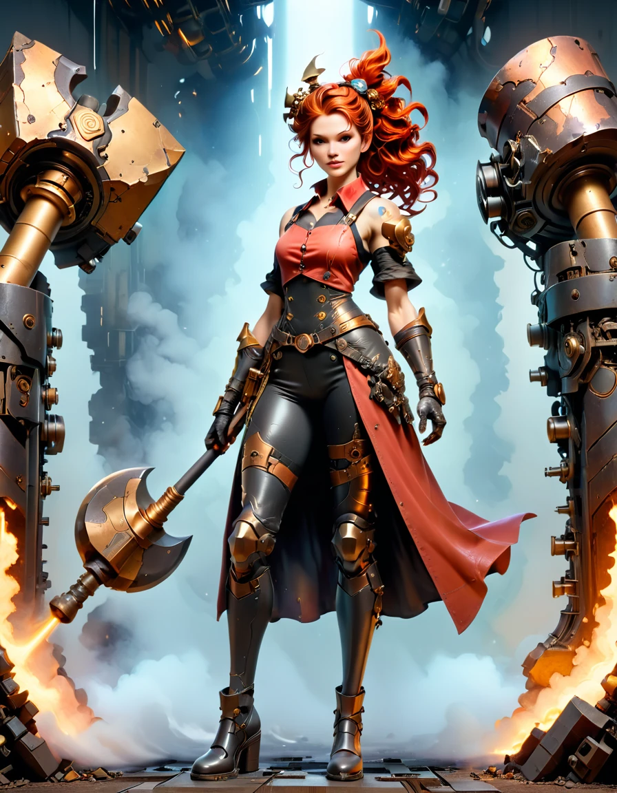 (sfw), (wide angle), 1woman, goddess of the forge, Hephaestus, ((blacksmith woman)), middle-aged woman in her 40s, slim well toned physique, ((medium length wavy with crimson roots fading to black tips)), burn scars on chest and arms, (wearing leather apron, apron with glowing symbols), (tight black button up shirt) , (wearing skin tight white leggings), ((swings a huge smithy hammer in one hand, over her head)), smith's hammer is glowing green, she stands at an angelic anvil, (set inside a massive robotic factory:1.37), ((high resolution)), intricately detailed facial features, detailed piercing eyes, refined jawline, masterpiece, 8k, ((hyper realistic)), 3/4 profile view, cinematic lighting, dramatic shadows, warm color tones, intricate details, hyper-detailed, battle hammer, hyperkraximalism, perfection style, spl1th41r, two tone hair, starbuni 