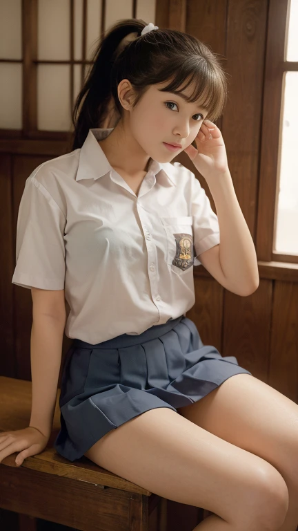 (masterpiece, best quality:1.2), 1girl, (ponytail hair styles),Beautiful girl wearing a school uniform, ((high school uniform)), (posing sitting with legs dangling on the edge of a table, facing the camera, hands crossed behind her back), in a wooden house, morning,  There's little light.