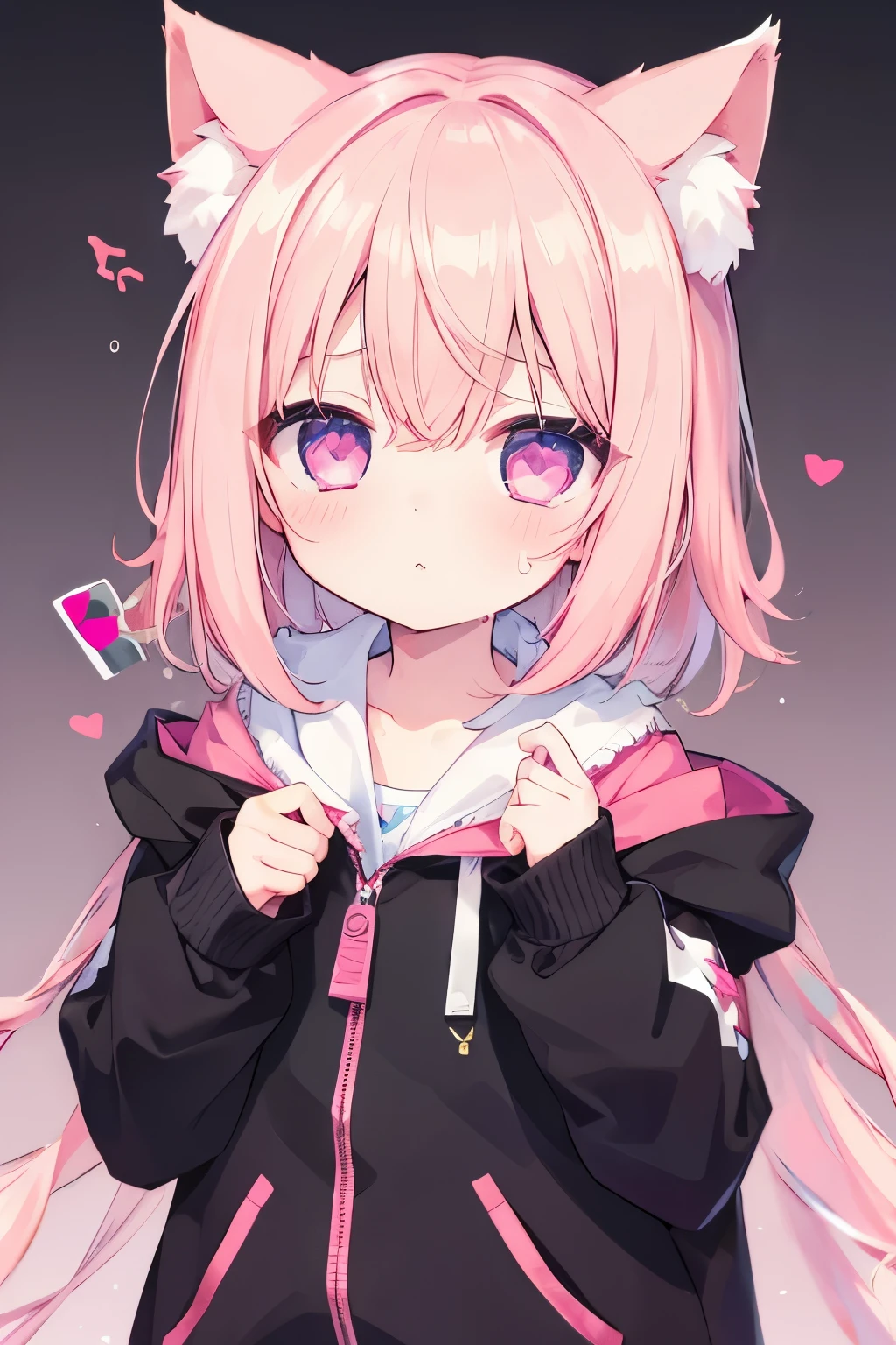 Oversized jacket、Round 1、Light pink hair,Very beautiful and Shining Eyes、Shining Eyes、1 girl、Small breasts、cat ears、((((()))))、heart❤、((sweat、vapor)）