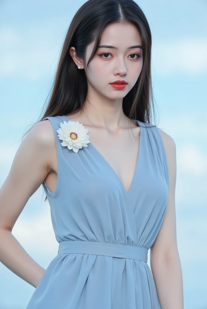 a medium-sized Asian woman with long brown hair, wearing a light blue sleeveless dress adorned with a white flower on the left side of her dress.The backdrop is a soft blue sky, creating a stark contrast to the woman's outfit.