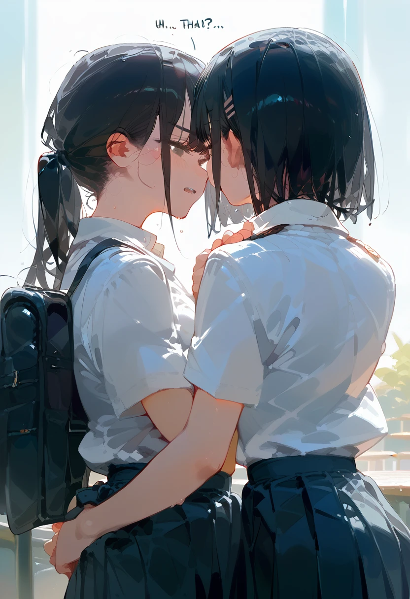 Two Women，Black Hair，One has short hair and the other has a ponytail，High School Uniform，School，Talking