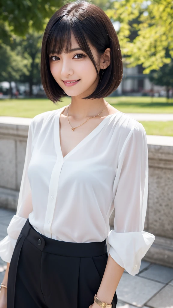 (8k、top-quality、masterpiece:1.2)、(realisitic、Photorealsitic:1.37)、Short-cut hairstyles 、Women in Japan、ultra-detailliert、 1 人、cute little、soio、Beautiful detailed sky、Detailed Cafe、natta、sitting on、date、(Nasal blush)、 (a smile:1.15),(Closed)small tits,Beautiful fineness,(shirt with collar:1.1),natta,Wet,Business Wear,Sateen,White lace,(short-hair:1.2),Floating Hair NovaFrogStyle,
