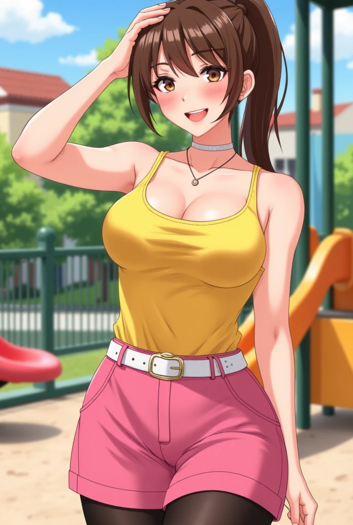 Comic style, Beth is posing to the camera with one hand on the head, Elbow Up, masterpiece, highest quality, beautiful and aesthetic, very detailed, realism, waifu, sexy, slim waist, standing front view, leaning, seductive smile, brown hair color, yellow tank top, pink skirt, pony tail, white belt, necklace, black leggings, play park, full body, big breast