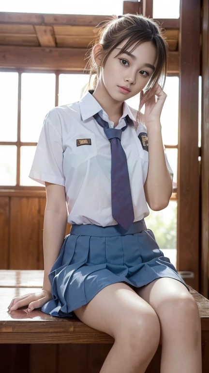 (masterpiece, best quality:1.2), 1girl, (ponytail hair styles),Beautiful girl wearing a school uniform, ((high school uniform)), (posing sitting with legs dangling on the edge of a table, facing the camera, hands crossed behind her back), in a wooden house, morning,  There's little light.