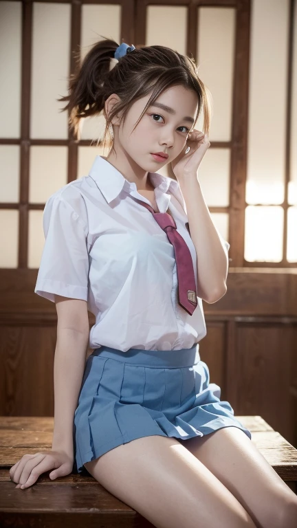 (masterpiece, best quality:1.2), 1girl, (ponytail hair styles),Beautiful girl wearing a school uniform, ((high school uniform)), (posing sitting with legs dangling on the edge of a table, facing the camera, hands crossed behind her back), in a wooden house, morning,  There's little light.