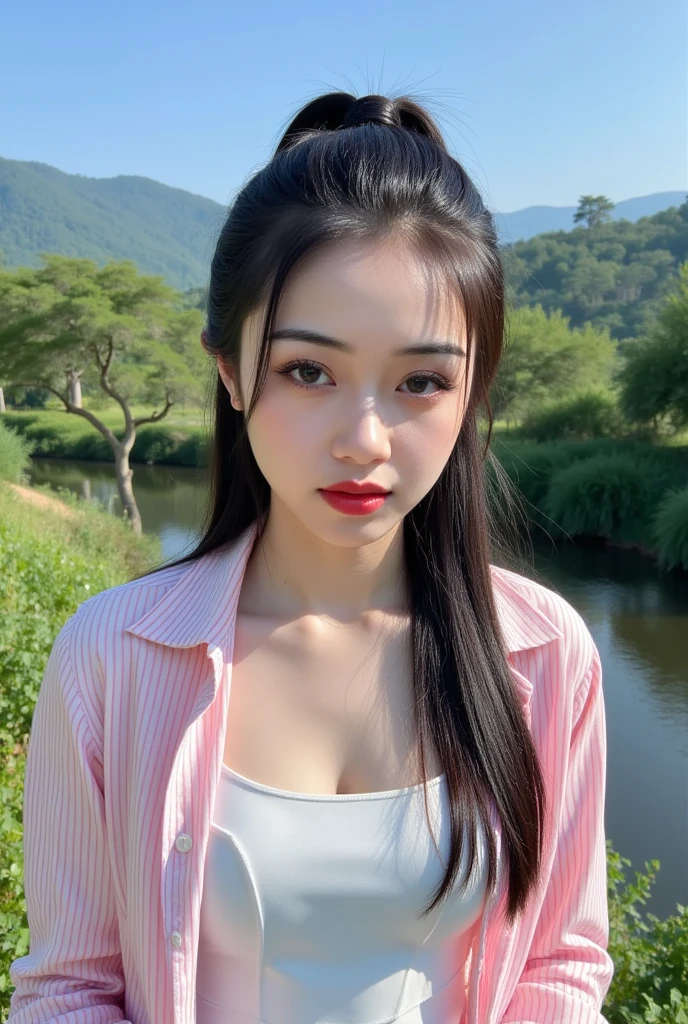 Captured at eye-level on a mobile camera, a young Asian woman with long dark brown hair stands in front of a backdrop of lush green foliage and a body of water. She is wearing a white dress with a pink and white striped shirt over it. Her hair is pulled back in a ponytail, adding a touch of texture to her face. Her eyes are a piercing blue, and her lips are a darker shade of brown. The backdrop is a clear blue sky, and a mountain range can be seen in the distance.