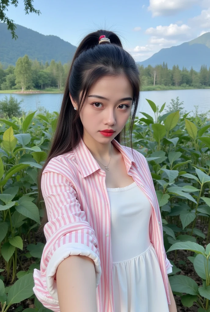 Captured at eye-level on a mobile camera, a young Asian woman with long dark brown hair stands in front of a backdrop of lush green foliage and a body of water. She is wearing a white dress with a pink and white striped shirt over it. Her hair is pulled back in a ponytail, adding a touch of texture to her face. Her eyes are a piercing blue, and her lips are a darker shade of brown. The backdrop is a clear blue sky, and a mountain range can be seen in the distance.