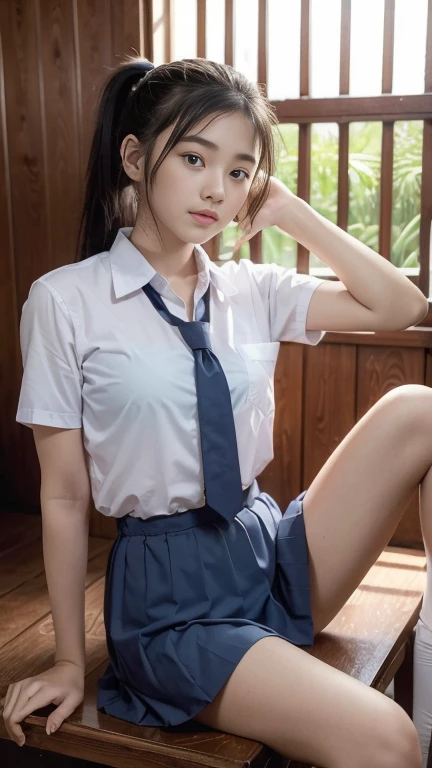 (masterpiece, best quality:1.2), 1girl, (ponytail hair styles),Beautiful girl wearing a school uniform, ((high school uniform)), (posing sitting with legs dangling on the edge of a table, facing the camera, hands crossed behind her back), in a wooden house, morning,  There's little light.