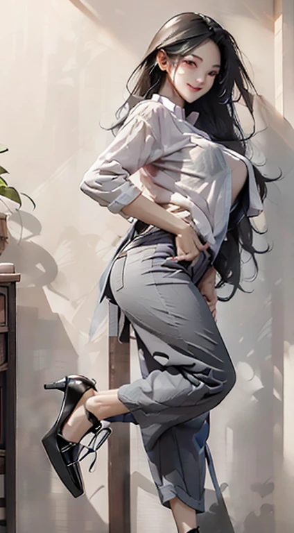 8K, 超A high resolution, Best Quality, masutepiece、超A high resolution、top-quality、 hyperdetailed face(quite massive chest、Pretty big breasts、Draw from the side:1.6)(White shirt、Gray fairly tight slacks、Put your shirt inside your slacks、Sheer BRA:1.35)(Walking in an office district:1.2)(Beautiful Japan Woman、Black Straight Long Hair、Smile happily、high-heels、turned around:1.2)