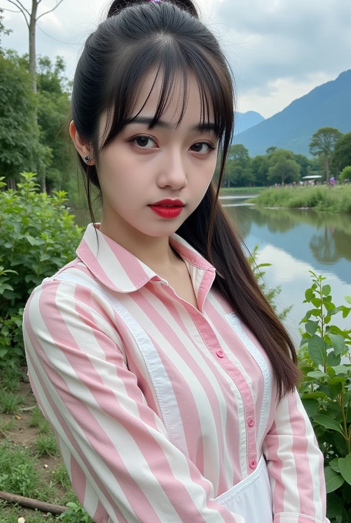 Captured at eye-level on a mobile camera, a young Asian woman with long dark brown hair stands in front of a backdrop of lush green foliage and a body of water. She is wearing a white dress with a pink and white striped shirt over it. Her hair is pulled back in a ponytail, adding a touch of texture to her face. Her eyes are a piercing blue, and her lips are a darker shade of brown. The backdrop is a clear blue sky, and a mountain range can be seen in the distance.