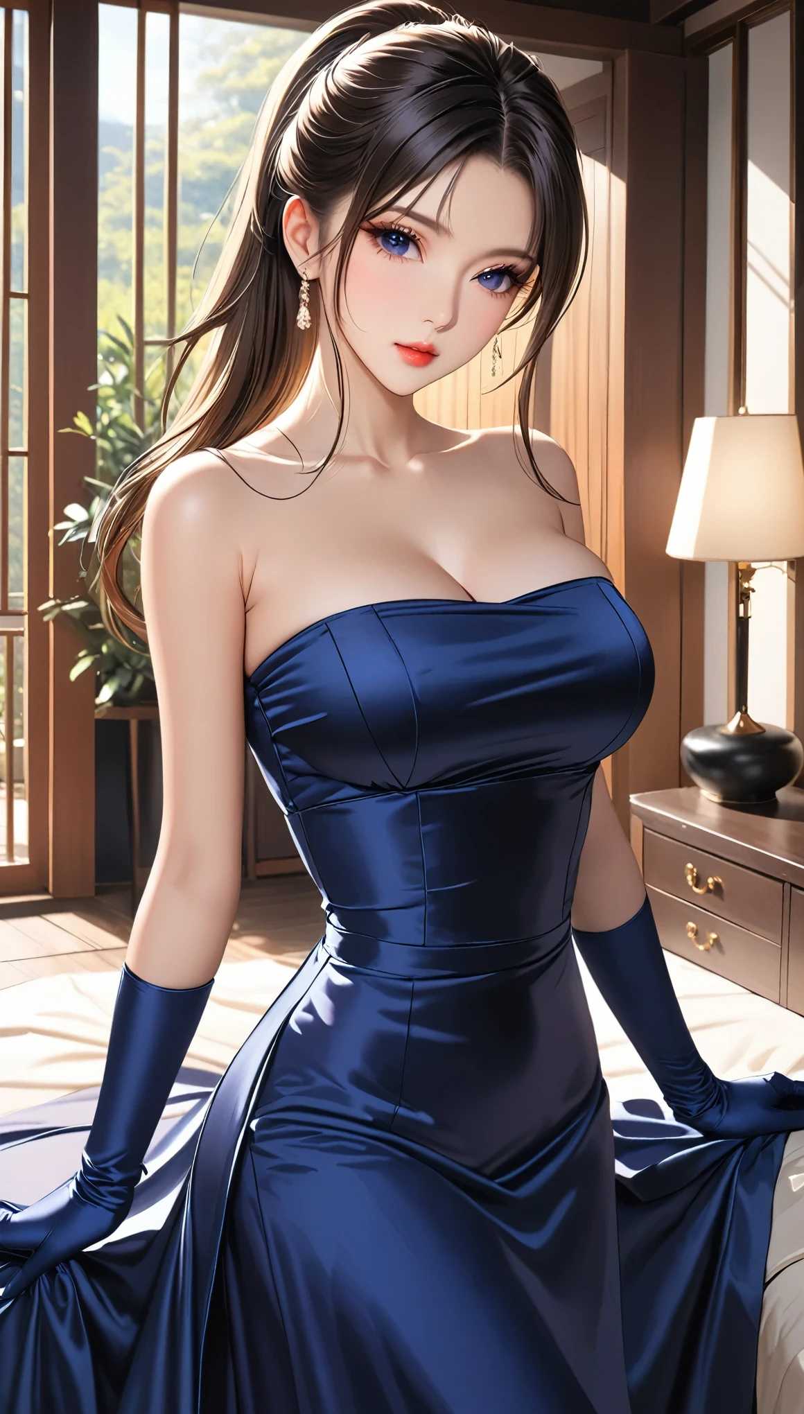 (masterpiece,Best Quality,Ultra-high resolution),Inside the Western-style building,One Japanese woman,In heat,A seductive and alluring expression,Her beautiful long hair is tied back,bangs,Baby Face,Pursing his lips, (((Very beautiful 20 year old))),Big Breasts,Breast bag,(Navy blue satin tube top tight long dress:1.8),(Body Conscious),(Tight fit),Bodyline,(Satin Opera Gloves:1.8)、Satin has a very strong luster、(She has her arms outstretched towards me:1.8)),Sitting on the bed with legs wide open,Full body photo