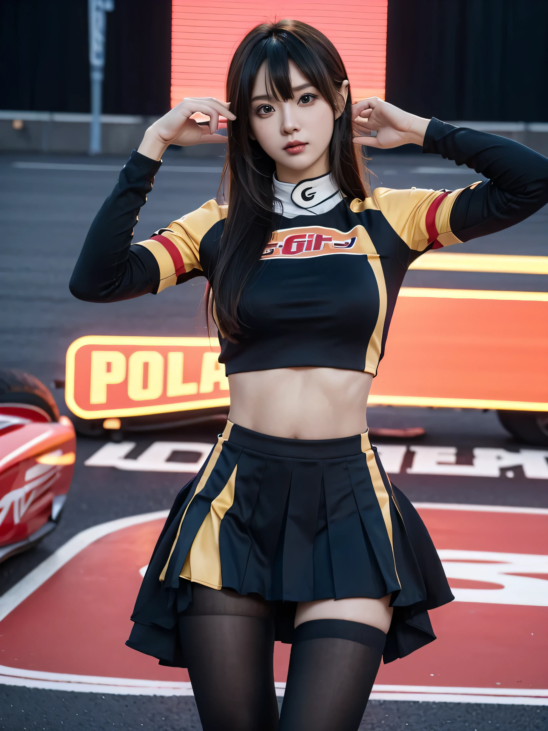 Ultra detailed face、underboob、Show the lower part of your chest、Colorful costumes、F1 Driver Cosplay、Colorful costumes、Company logo、The Grid Girls' colorful and flashy costumes、Grid Girls、Perfect Face、Paddock Girl、Motor Show、tights、Bodycon Costume、Grid Girls、Russia、Grid Girlsのコスプレ、belly button、Pleated skirt、Bodycon Costume、Sexy pose、Pose showing buttocks
