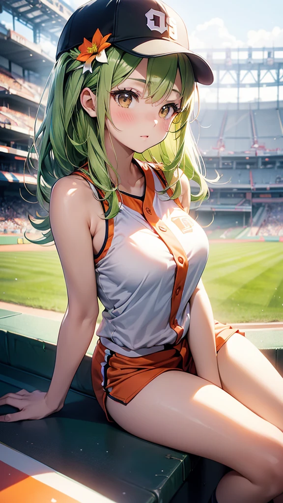 mastute piece,Best Quality,insanely detailed,8k cg,nsfw,
(shoot upper body:1.3),
(1girls:1.3),standing,looking at viewr,body in front,both arms behind back,(baseball uniform:1.3,baseballcap),(bare breasts:1.1),(bare nipples:1.1),
break,
blush,shy,(ecstasy face),(trembling:1.2),break,(light green hair:1.2),
break,
perfect breasts,perfect teats,(open mouth:0.9),(large breasts:1.2),
(スタジアム),