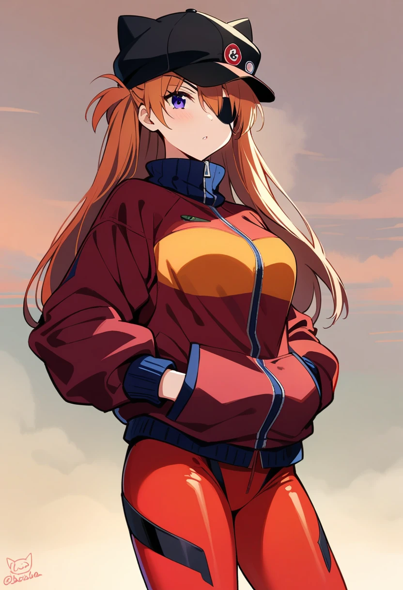 masterpiece, Best Quality, is very beautiful, Absurd, up to date,One girl, Soryu Asuka Langley、Red jacket、Bodysuit under clothes、Cat hat、Red bodysuit、Eye patch、Hands in pockets、