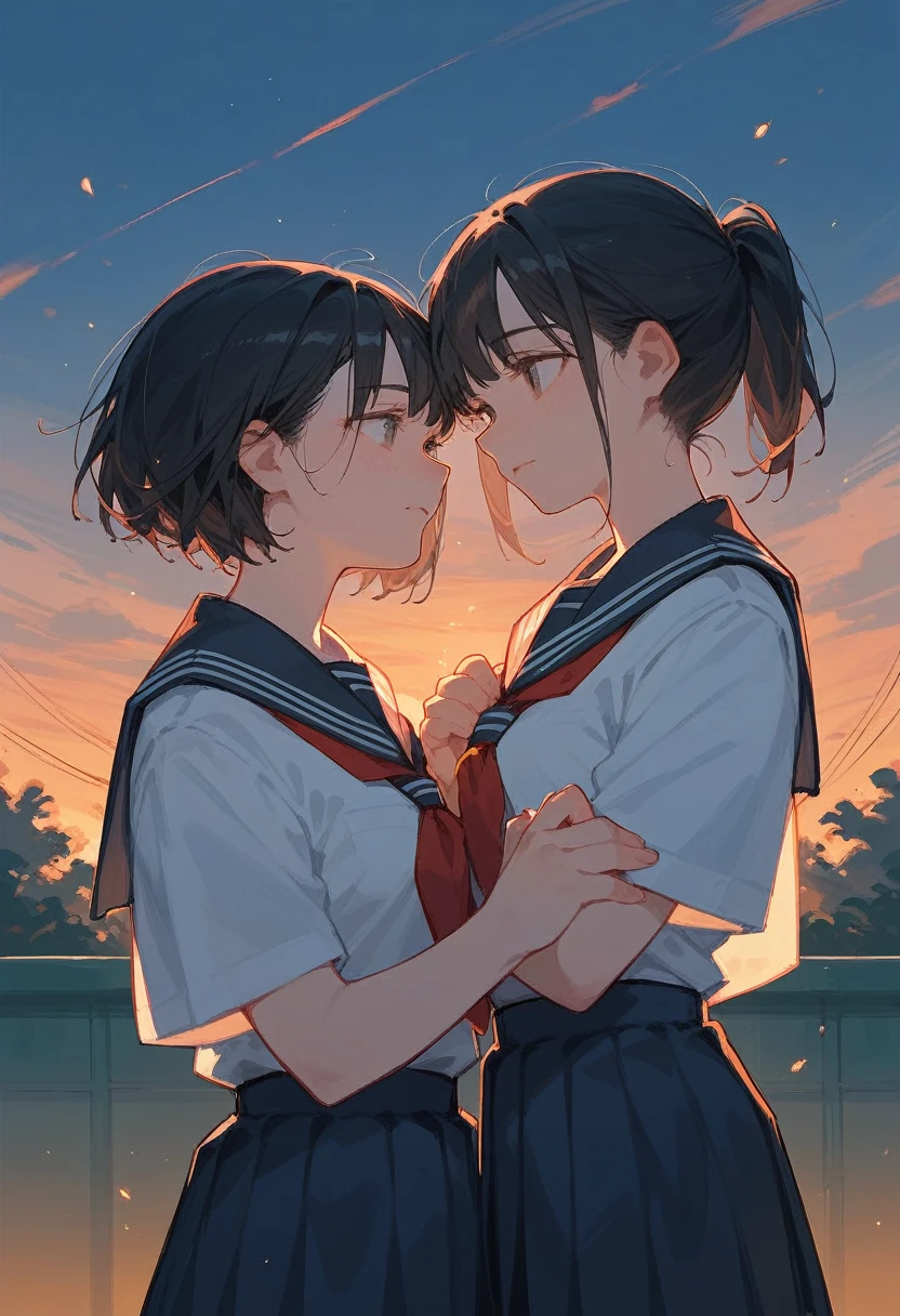 Two Women，Black Hair，One has short hair and the other has a ponytail，High School Uniform，School，evening，Touching each other&#39;s crotches，blush