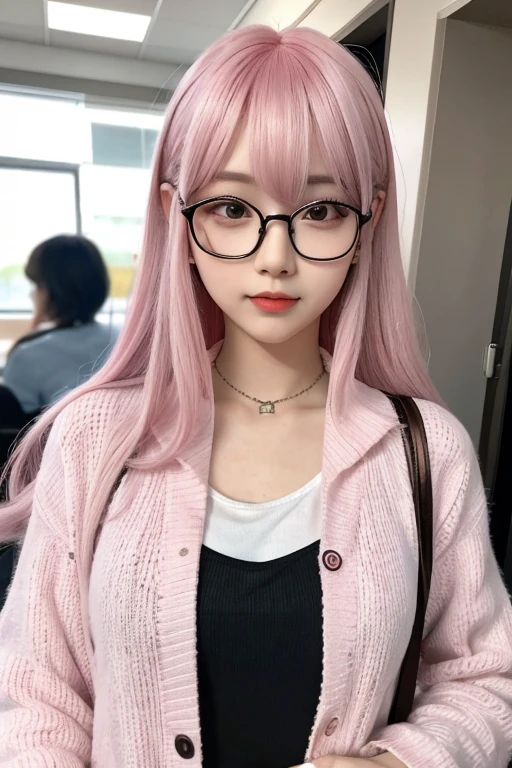 Pink hair,High Ponytail,Wear black thick-rimmed glasses,She is a royal sister like a queen,however、Still good,Please be naked to match pink and white