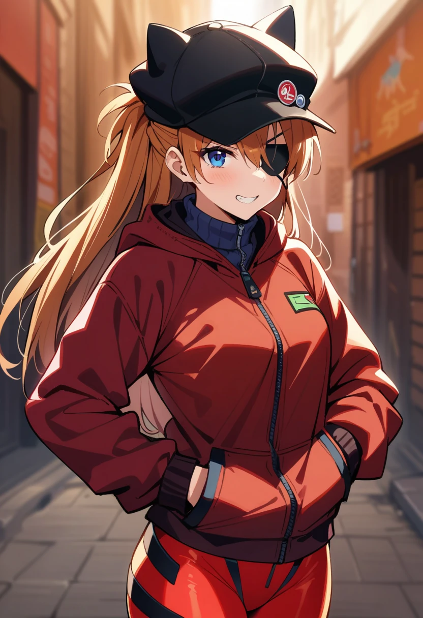 masterpiece, Best Quality, is very beautiful, Absurd, up to date,One girl, Soryu Asuka Langley、Red jacket、Bodysuit under clothes、Cat hat、Red bodysuit、Eye patch、Hands in pockets、Grin、