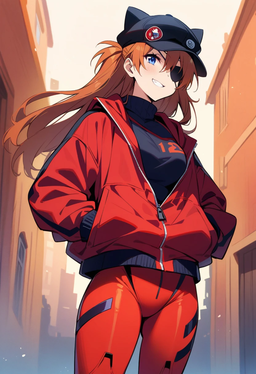 masterpiece, Best Quality, is very beautiful, Absurd, up to date,One girl, Soryu Asuka Langley、Red jacket、Bodysuit under clothes、Cat hat、Red bodysuit、Eye patch、Hands in pockets、Grin、