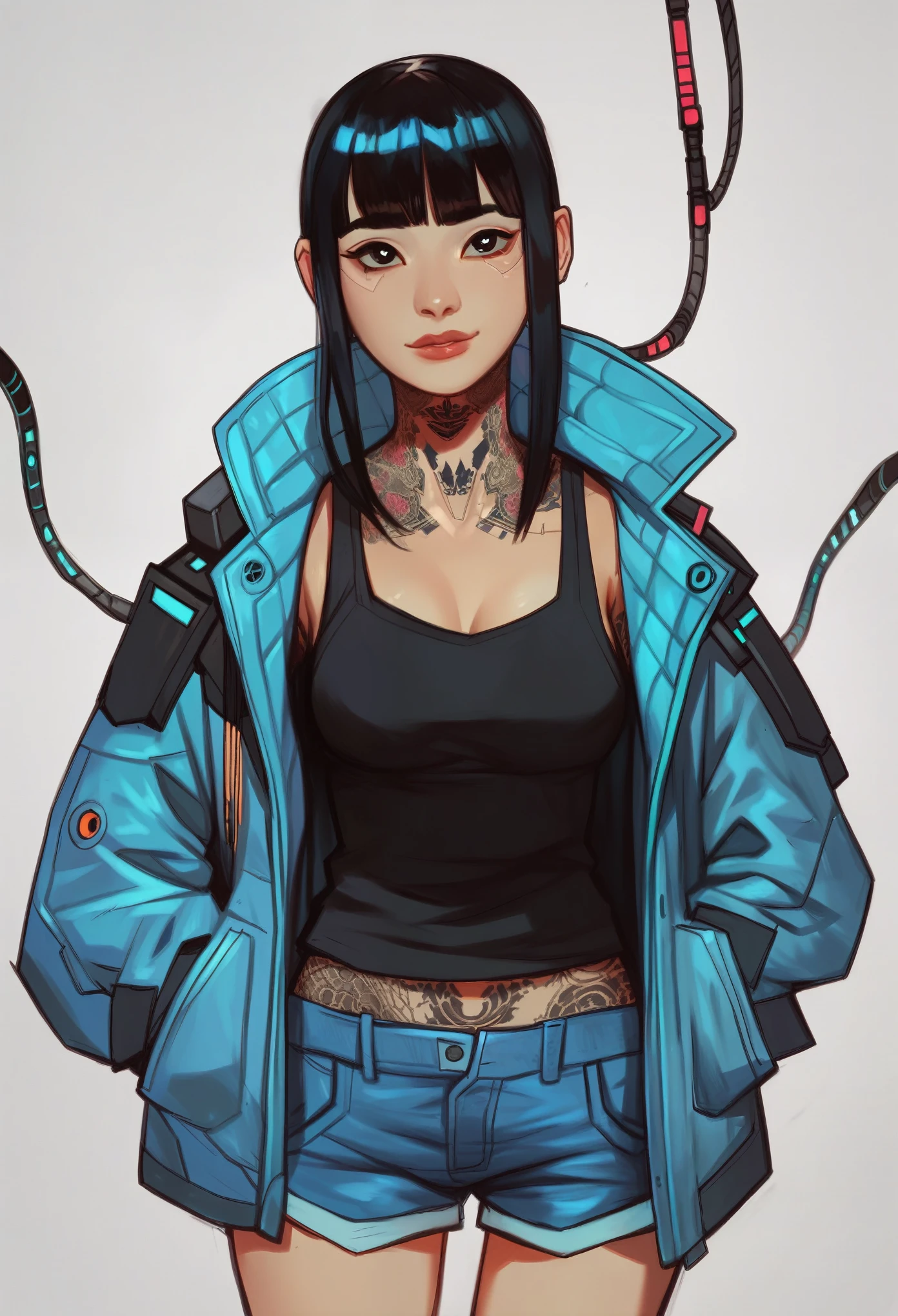 score_9, score_8_up, score_7_up, score_6_up, score_5_up, score_4_up, (masterpiece), best quality, Cyberpunk aesthetic, Asian, human face, cybernatic enhancements, cyborg, blunt bangs, black eyes, almond shaped eyes, wires, enhancements, wearing a backpack, open trench coat, black tank top, blue shorts, tattoo's, cybernatic lines across skin, 