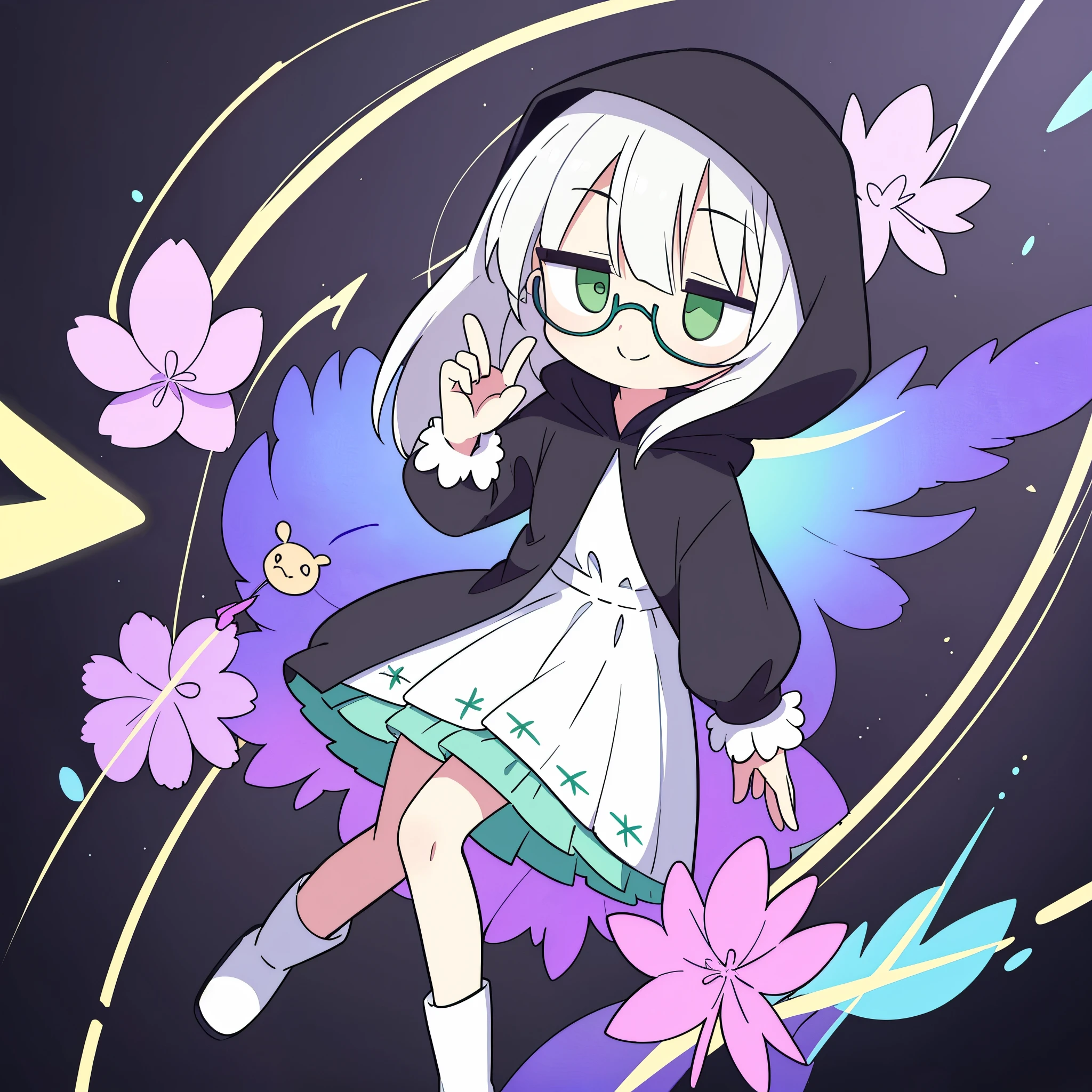 (2D:1.6),black outlines,solo,1girl\(cute, white skin, pale skin,(wearing ((simple)) black hood\([no ear]\):1.3) , black robe\(hood,beautiful gorgeous white embroidery with many detailed flower pattern\), (white frilly dress:1.3), (((wearing black glasses))), (((green Jade eyes))), black long boots, white hair, bangs, shoulder length bob hair,jumping,big eyes,smile,colorful,dynamic pose,full body\) ,(1teddy bear:1.4), background\(beautiful flowers,beautiful cosmic,\),(dynamic angle:1.6),, BREAK ,quality\(8k,wallpaper of extremely detailed CG unit, high resolution, top-quality, top-quality real texture skin, hyper realistic, increase the resolution, RAW photos, best quality, highly detailed, the wallpaper,golden ratio,high saturation realism, vibrant colors, dramatic lighting, persuasive storytelling, atmospheric scenery, captivating visuals, intricate details, strong emotions,dreamlike world\),close up girl