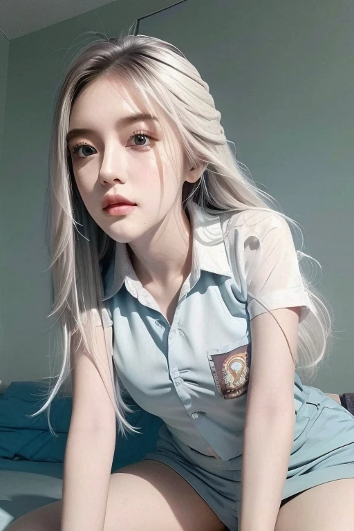 anime style、white skin、white hair、long hair、Hair with blue highlights、look up、The largest and most prominent、Colorful gas expression、seductive big breasts、woman、High-frequency detail (((sharpness))) 、( (sharp focus: 1.2))、puerosface_V1: 0.7)、(8K、highest quality)、Very large chest light)))、beautiful lighting、highly detailed face、well drawn hands、Well drawn legs、Well designed legs、exposed chest、(masterpiece: 1,2)、highest quality、masterpiece、High resolution、Original and highly detailed wallpaper、
information：casual shirt、open jacket、Wearing a tank top、shorts、Her hair is tied with a blue ribbon