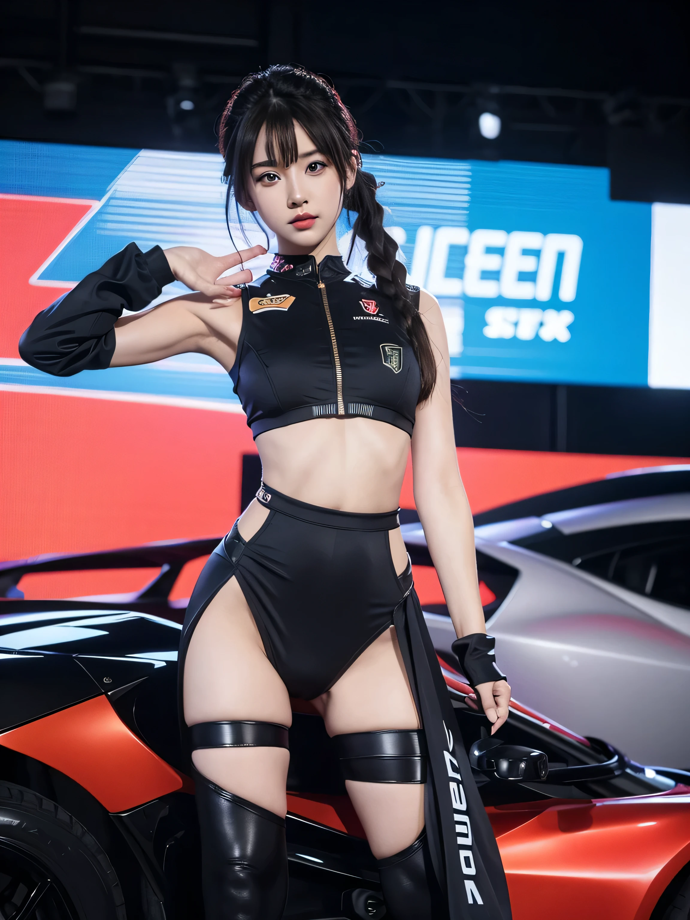 Ultra detailed face、underboob、Show the lower part of your chest、Colorful costumes、F1 Driver Cosplay、Colorful costumes、Company logo、The Grid Girls' colorful and flashy costumes、Grid Girls、Perfect Face、Paddock Girl、Motor Show、tights、Bodycon Costume、Grid Girls、Russia、Grid Girlsのコスプレ、belly button、Pleated skirt、Bodycon Costume、Sexy pose、Pose showing buttocks