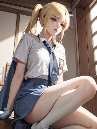 (super extreme detailed),(Masterpiece),(super extreme),(Realistic),CG,(color:1.2), Strong lighting,Light from behind,evaluation:Safety,Alone Blonde Alone, white,Blonde ponytail,Twin tails、Short Hair,length hair,blue eyes,white_gloves,garter_strap,absolute_Ryouiki,Pleats_skirt,white_skirt,whitecolorストーキング,expensive_heel,white shrite,length_sleeve,black_Cape,short_whiteいビキニ服、Inside the store、Soaking wet