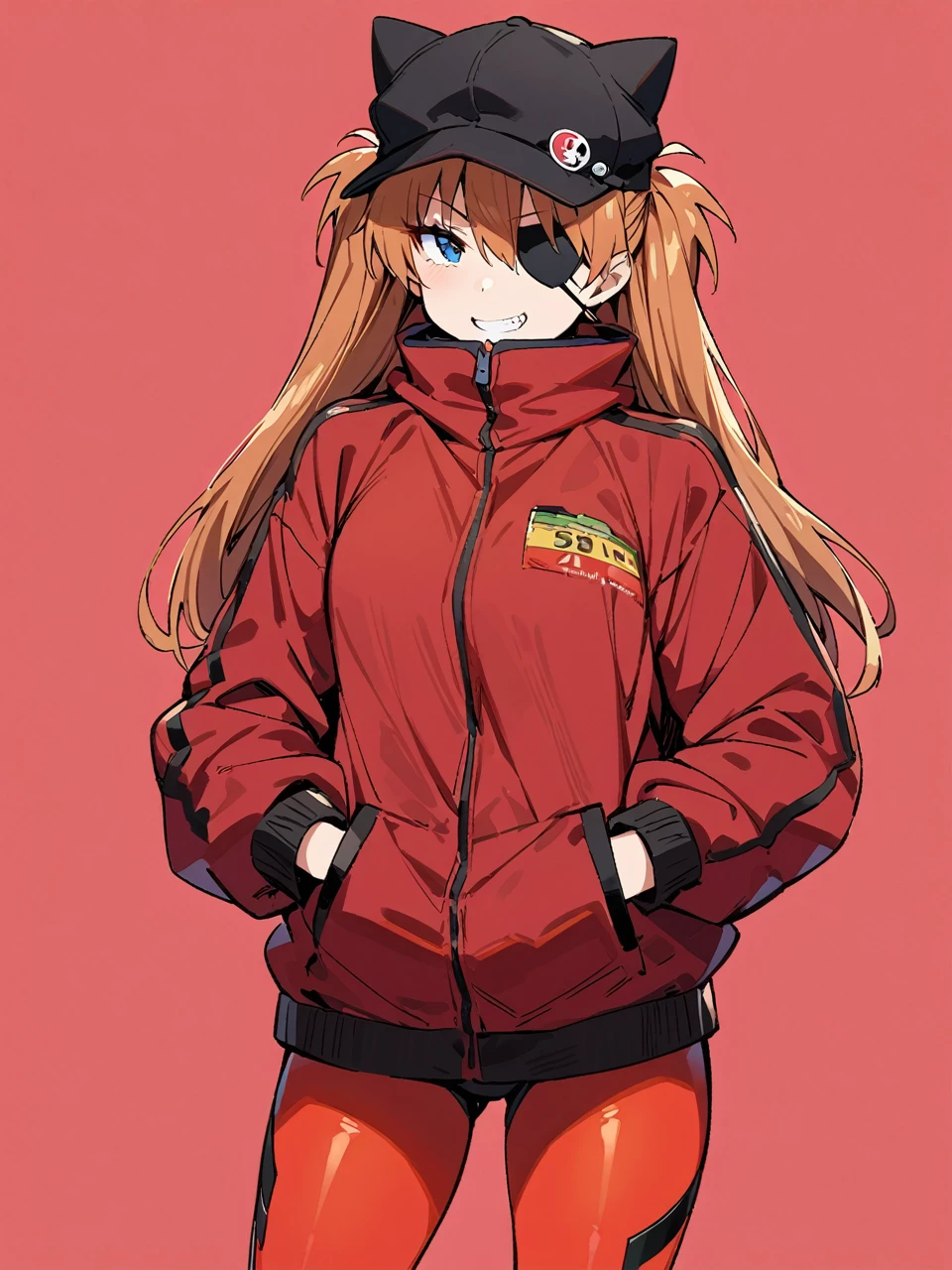 (masterpiece, Best Quality, detailed), One Girl, Simple Background、Cowboy Shot,
Soryu Asuka Langley, Red jacket, underwear bodysuit,Cat hat, Eye patch,  (tape)  、Hands in pockets、Grin、