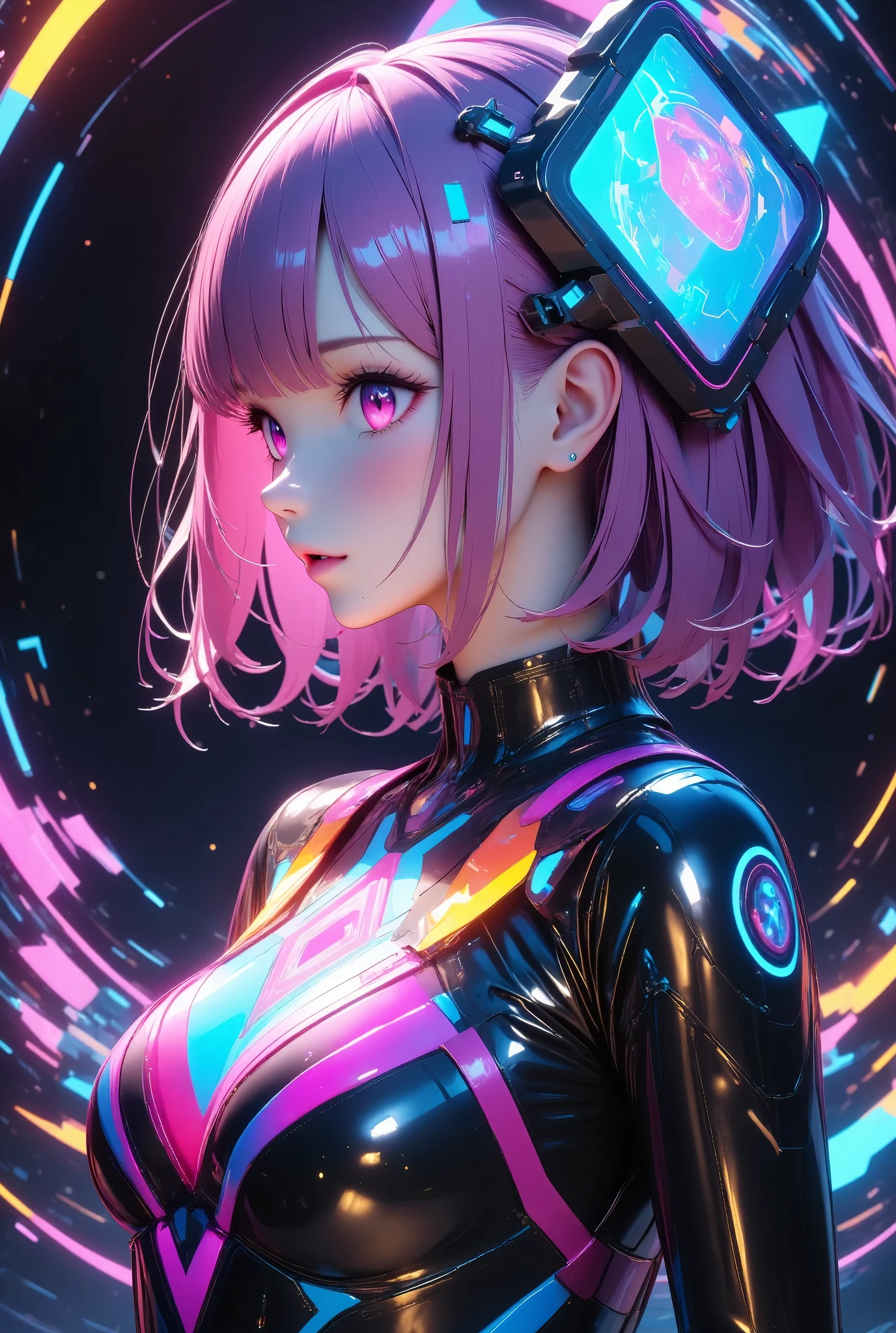 (masterpiece, best quality:1.2), 1girl, solo, cyber girl, futuristic cyberpunk, neon lights, glowing eyes, intricate cybernetic implants, glowing circuits, metallic textures, dynamic pose, cinematic lighting, vibrant colors, technologically advanced