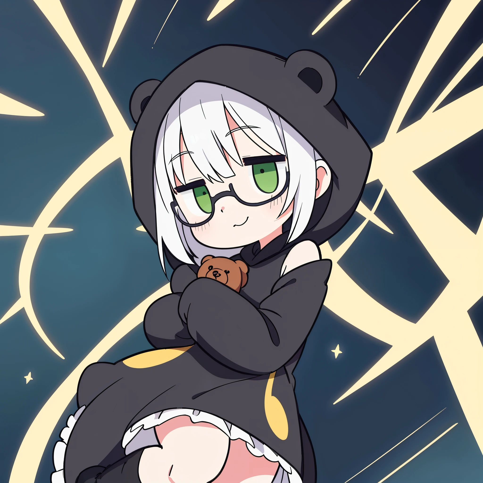 (2D:1.6),black outlines,solo,1girl\(chibi,cute,little kid, white skin, pale skin,(wearing ((simple)) black hood\([no ear]\):1.3) , black robe\(hood,beautiful gorgeous white embroidery with many detailed flower pattern\), (white frilly dress:1.3), (((wearing black glasses))), (((green Jade eyes))), black long boots, white hair, bangs, shoulder length bob hair,jumping,big eyes,smile,colorful,dynamic pose\) ,(1teddy bear:1.4), background\(beautiful flowers,beautiful cosmic,\),(dynamic angle:1.6),, BREAK ,quality\(8k,wallpaper of extremely detailed CG unit, high resolution, top-quality, top-quality real texture skin, hyper realistic, increase the resolution, RAW photos, best quality, highly detailed, the wallpaper,golden ratio,high saturation realism, vibrant colors, dramatic lighting, persuasive storytelling, atmospheric scenery, captivating visuals, intricate details, strong emotions,dreamlike world\)