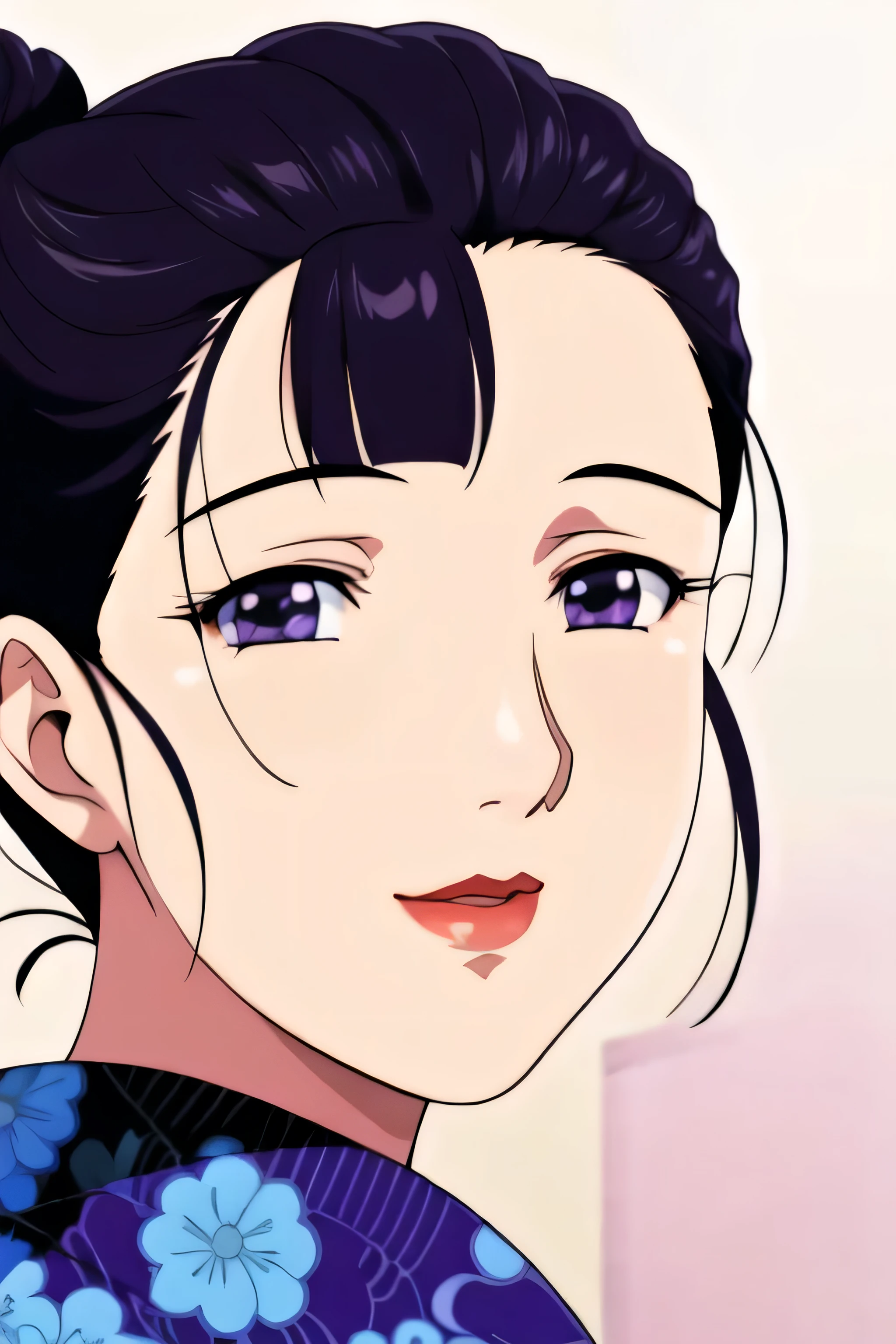Simple Background,White Background,
purple kimono,floral print,japanese clothes,wide sleeves,long sleeves,
cleavage,
purple eyes, black hair,bangs,hair bun,
1 girl, 20yo,Young female,Beautiful long legs,Beautiful body,
Beautiful Nose,Beautiful character design, perfect eyes, perfect face,expressive eyes,perfect balance,
looking at viewer,(Focus on her face),closed mouth, (innocent_big_eyes:1.0),(Light_Smile:0.3),
official art,extremely detailed CG unity 8k wallpaper, perfect lighting,Colorful, Bright_Front_face_Lighting,White skin,
(masterpiece:1.0),(best_quality:1.0), ultra high res,4K,ultra-detailed,
photography, 8K, HDR, highres, absurdres:1.2, Kodak portra 400, film grain, blurry background, bokeh:1.2, lens flare, (vibrant_color:1.2),professional photograph,
(Beautiful,large_Breasts:1.4), (beautiful_face:1.5),(narrow_waist),