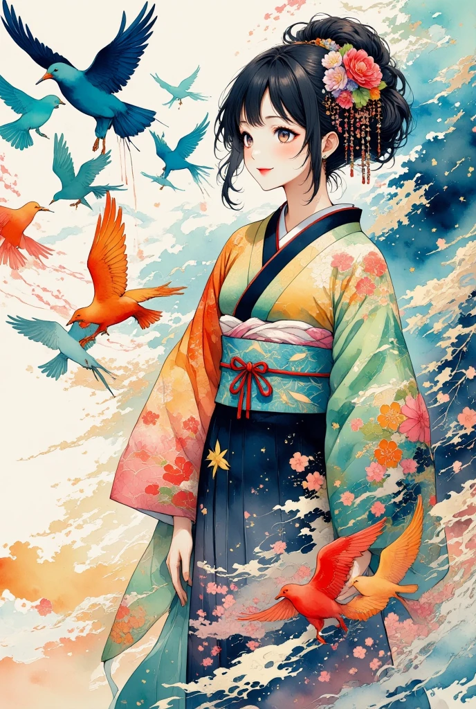 A tranquil scene featuring a girl in a traditional Japanese kimono, Colorful birds fly around、Standing gracefully. Birds are depicted as colorful silhouettes, Each one is intricately decorated, Traditional Japanese Pattern. The delicate texture of washi paper can be felt throughout the piece., Soft, Artistic atmosphere. The colors of the birds blend together in harmony, They come in a variety of hues, from deep blues and greens to bright reds and oranges., Their flight moves in a whirlpool around the girl., Adding fluidity to the scene.