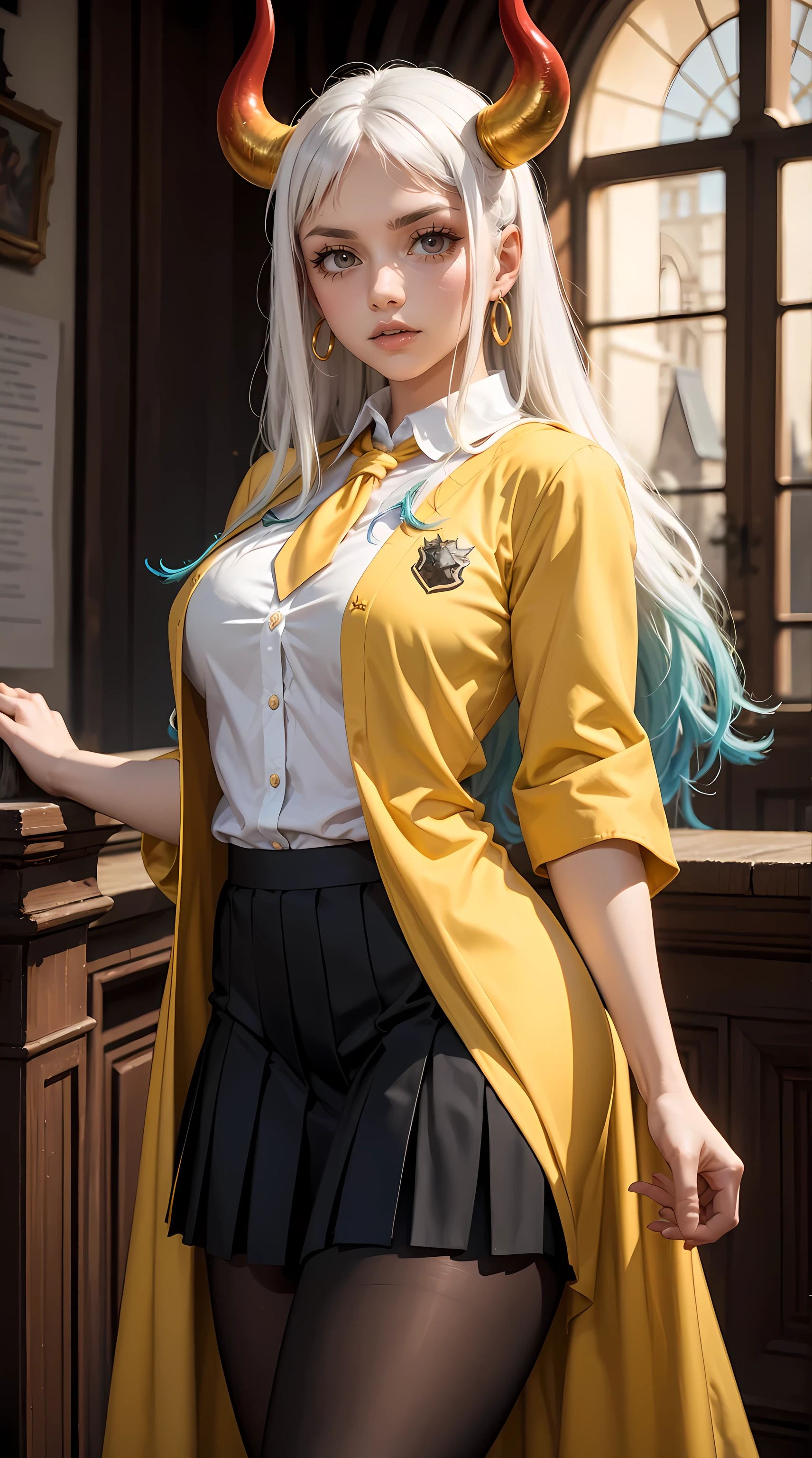 Beautiful white hair woman is shown to have a sexy figure, She is wearing Hogwarts yellow witch robes, yellow robes, jewelry, British yellow school uniforms under robes, red horns, school vest and yellow tie, school skirt, pantyhose, she has orange eyes,Girl is standing in front of castle , sexy session, posing, cowboy shot, superior quality, many details, realistic