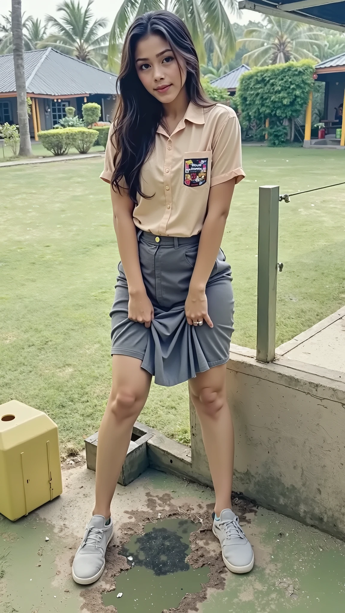 A teen girl with Indonesia face, approximately 16 years old. The girl can be seen in the process of peeing. Standing. Wet patch. Incontinence (urination:1.5) (peeing in skirt) (facw view to camera), scared expression.