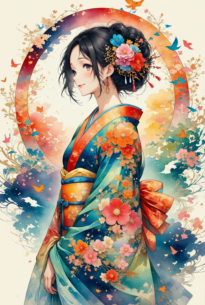 A tranquil scene featuring a girl in a traditional Japanese kimono, Colorful birds fly around、Standing gracefully. Birds are depicted as colorful silhouettes, Each one is intricately decorated, Traditional Japanese Pattern. The delicate texture of washi paper can be felt throughout the piece., Soft, Artistic atmosphere. The colors of the birds blend together in harmony, They come in a variety of hues, from deep blues and greens to bright reds and oranges., Their flight moves in a whirlpool around the girl., Adding fluidity to the scene.