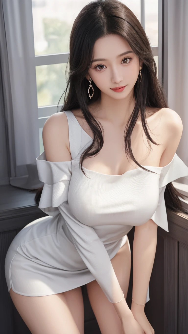 Highly detailed realism, (huge breasts), very delicate face, moist lips, (very long hair), innocent big eyes, detailed eyes, open shoulder tight dress, black hair, very detailed expression, Hug in chair