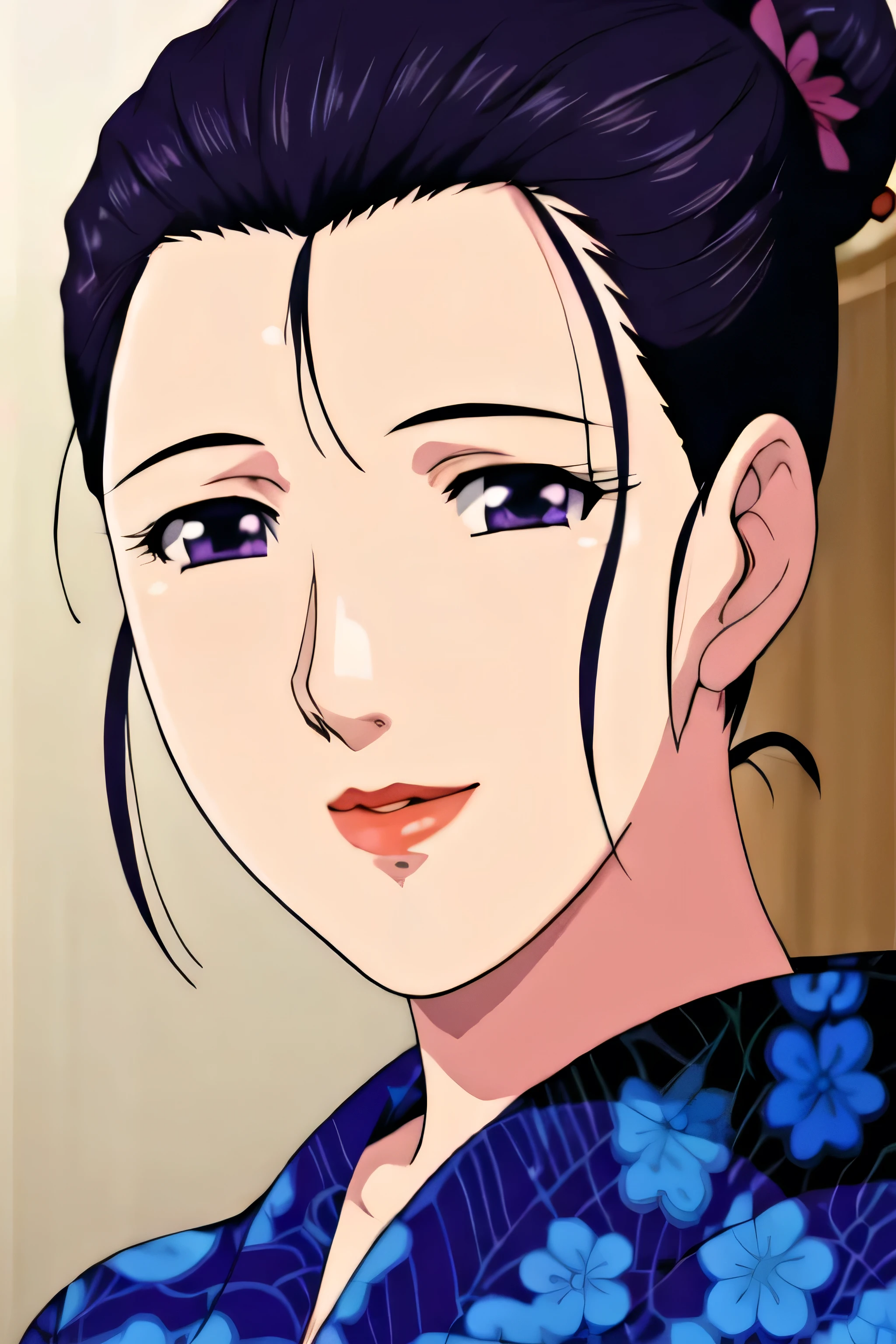 Simple Background,White Background,
purple kimono,floral print,japanese clothes,wide sleeves,long sleeves,
cleavage,
purple eyes, black hair,bangs,hair bun,
1 girl, 20yo,Young female,Beautiful long legs,Beautiful body,
Beautiful Nose,Beautiful character design, perfect eyes, perfect face,expressive eyes,perfect balance,
looking at viewer,(Focus on her face),closed mouth, (innocent_big_eyes:1.0),(Light_Smile:0.3),
official art,extremely detailed CG unity 8k wallpaper, perfect lighting,Colorful, Bright_Front_face_Lighting,White skin,
(masterpiece:1.0),(best_quality:1.0), ultra high res,4K,ultra-detailed,
photography, 8K, HDR, highres, absurdres:1.2, Kodak portra 400, film grain, blurry background, bokeh:1.2, lens flare, (vibrant_color:1.2),professional photograph,
(Beautiful,large_Breasts:1.4), (beautiful_face:1.5),(narrow_waist),