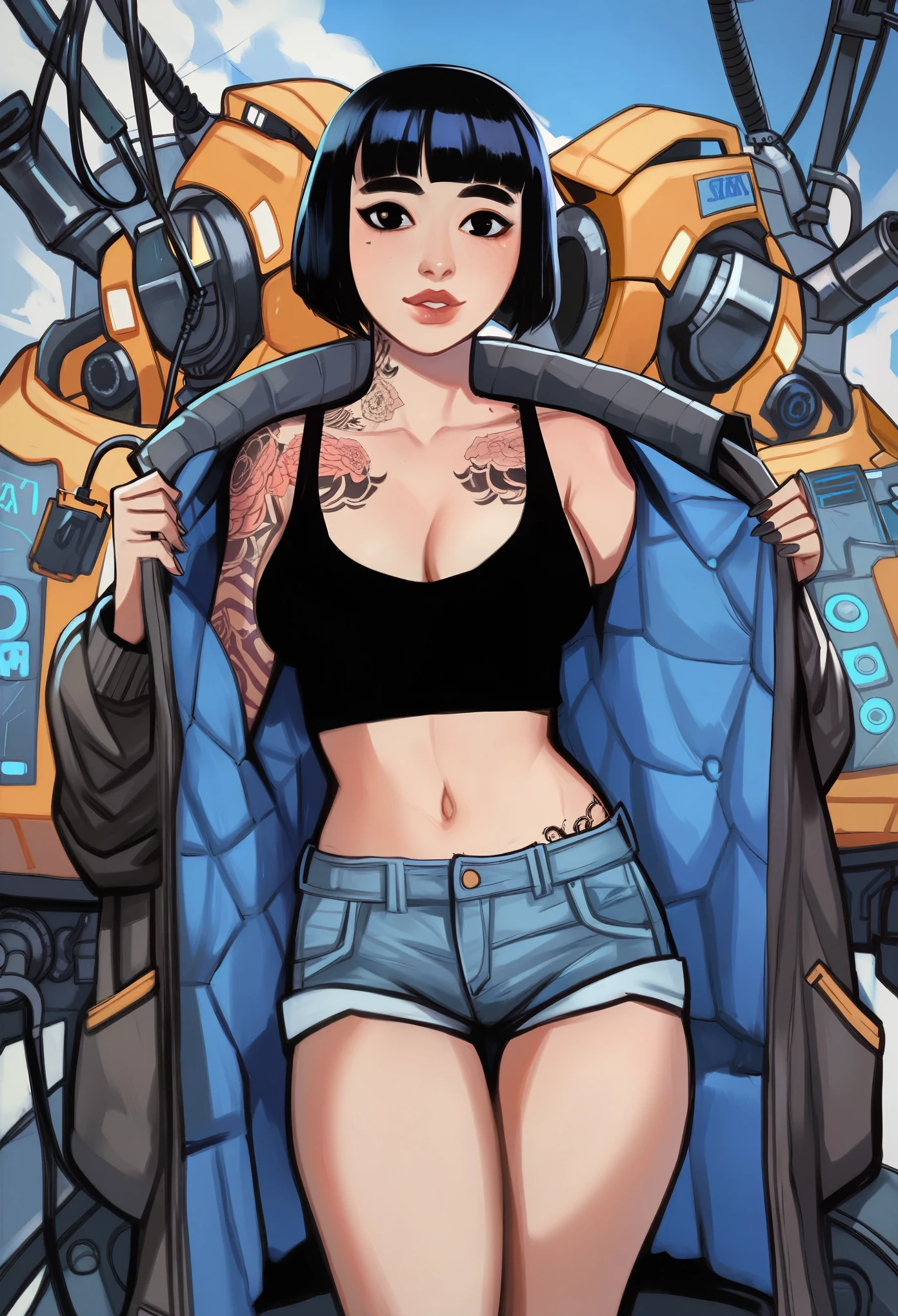 score_9, score_8_up, score_7_up, score_6_up, score_5_up, score_4_up, by mossacannibalis, (masterpiece), best quality, Cyberpunk aesthetic, Asian, human face, cybernatic enhancements, cyborg, blunt bangs, black eyes, almond shaped eyes, wires, enhancements, open trench coat, black tank top, blue shorts, tattoo's, cybernatic lines across skin, 