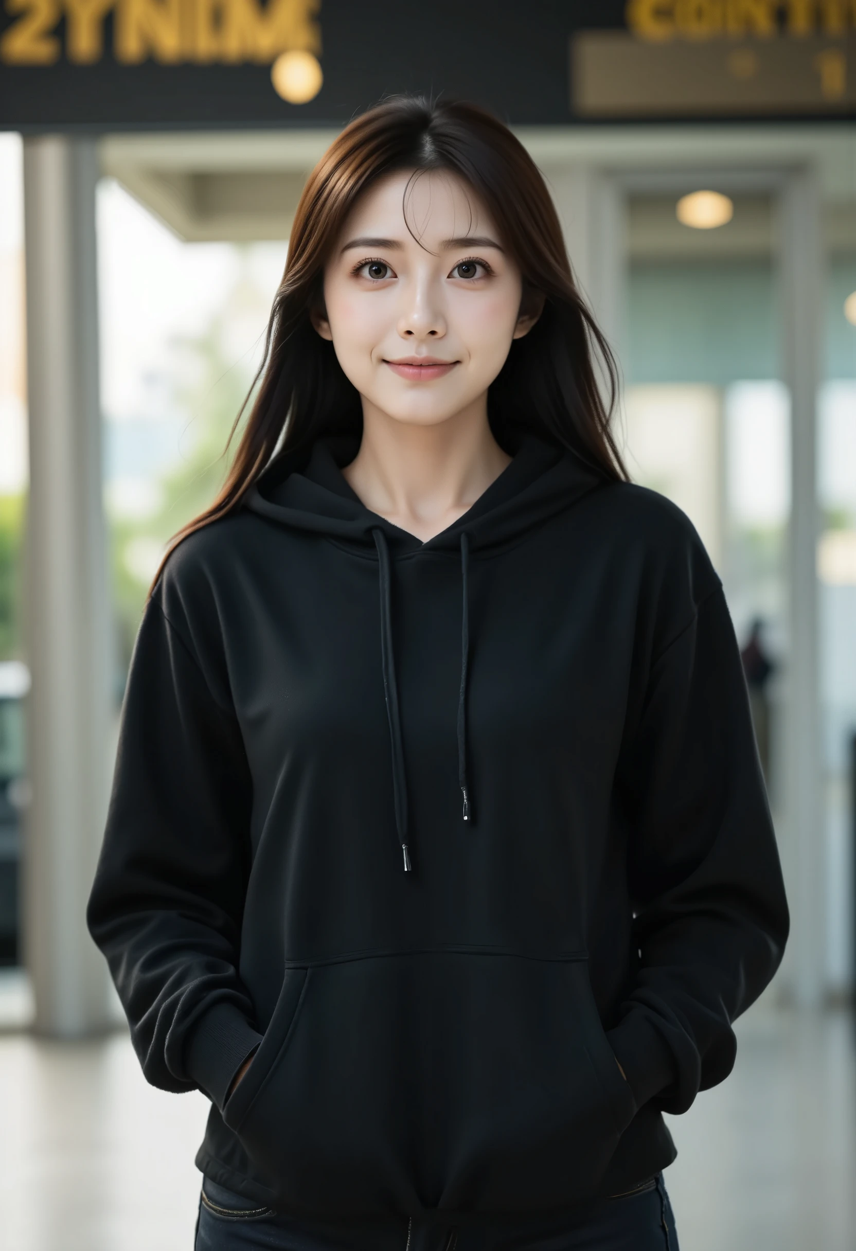 ((UHD)), A portrait photo of a cute East-Asian woman wearing a black hoodie with the hood up, both hands in her pockets, and black jeans. She is standing in front of a train station, smiling warmly. The hood covers her head, giving her a cozy and casual look. The background shows the station's entrance, with soft, natural light illuminating the scene, creating a friendly and inviting atmosphere. Waving her hands.