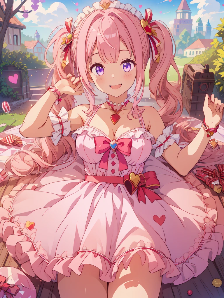 ((8k, Highest quality, masterpiece: 1.3)),Ultra-high resolution,(1 girl, alone), Highly detailed eyes, Highly detailed face, pink Hair, twintails on shoulder, playful bow in soft pink. Her eyes are dark purple, wearing a white shirts and pink dress with red ribbon, Looking at viewer, Light Smile, upper body, arms are hehind her body, looking above, Breasts, many heart shaped hole on her costume, old library background
scepter, lots of candy, gumdrops, candycanes, a rainbow, candy, (a field of candy), 1girl