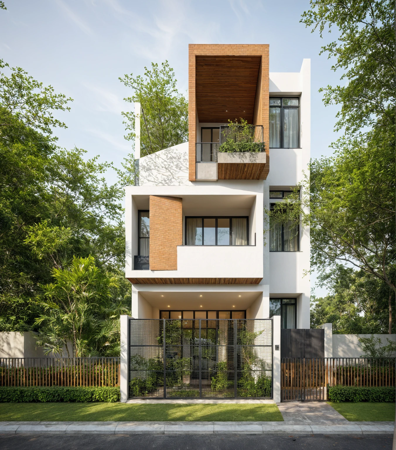 A high and narrow 3-storey house with a modern design, featuring a steel gate. The exterior is painted white. The 1st floor has trees growing in the middle columns, surrounded by tropical vegetation. The scene is captured from a 24mm angular view, with soft, natural lighting highlighting the textures and materials, casting gentle shadows that accentuate the curves of the front wall and the wooden details.