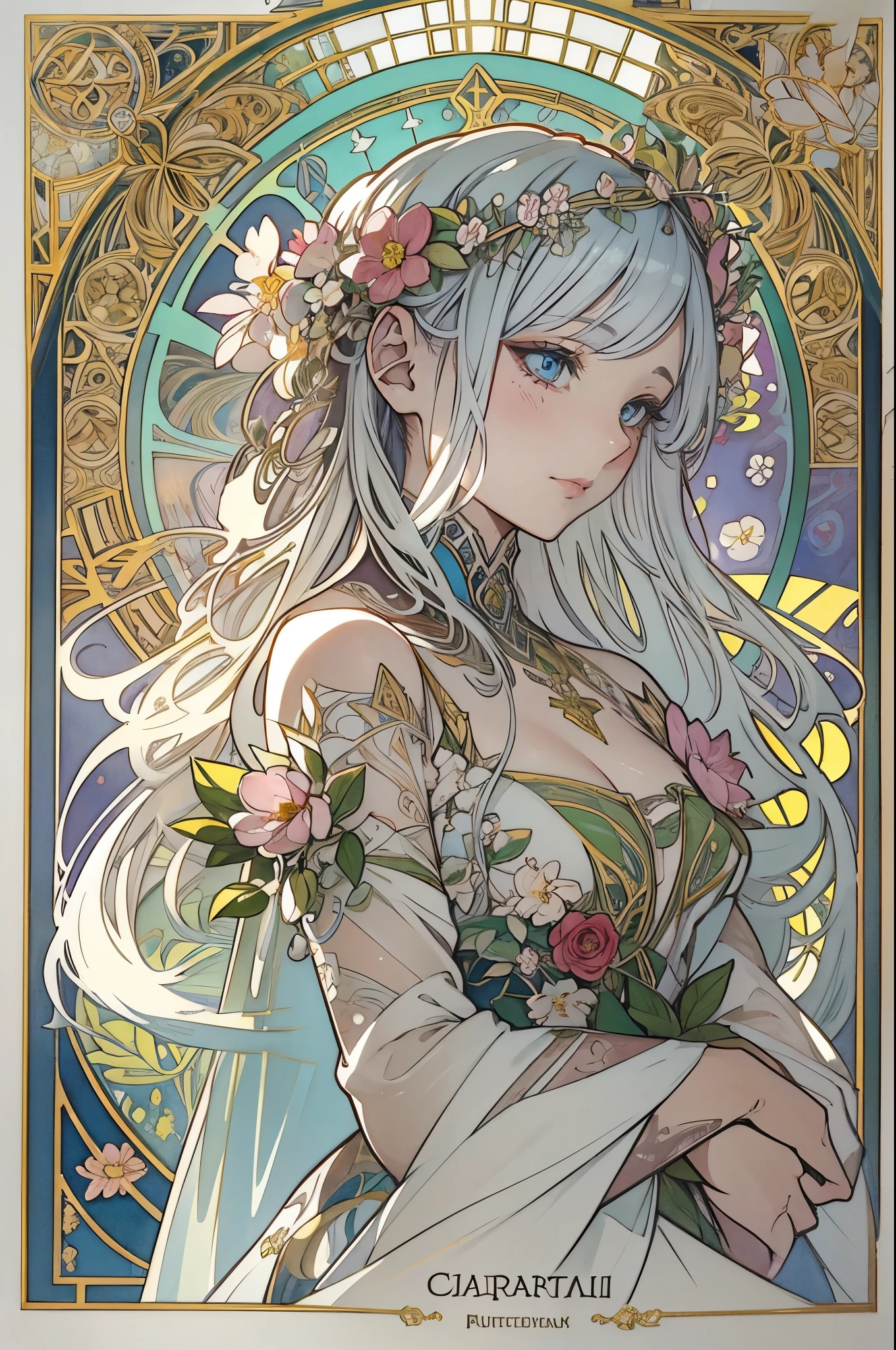 Depicts a beautiful woman with flowers in her hair、Highly detailed watercolor painting, The style of Alfons Maria Mucha and Gustav Kirmut, Art Nouveau accents, Fairy Princess, Anthropomorphic woman, Female figure, Detailed cover artwork, As the Flower Goddess, Alphonse Mucha, Gustav Klimt, Pale skin, Marble sculpture, society, Gothic art, Art Nouveau, Behance Contest Winner