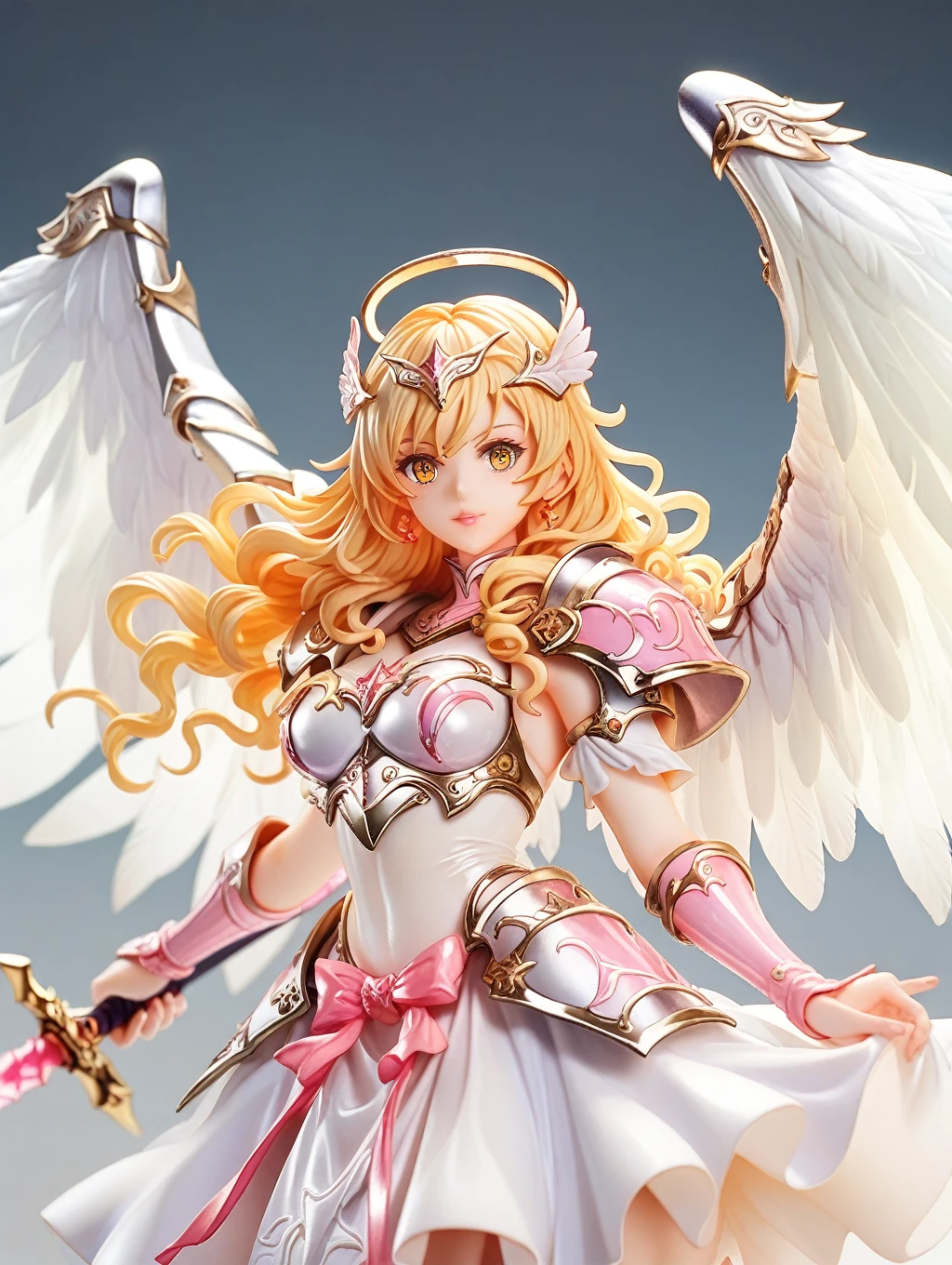 One girl, Valkyrie, Angel knight in white dress and silver armor, Shiny Armor, High Gloss Armor, Reflective Metal Armor, Holding a sword, (length_sword), pink length curly hair, Yellow Eyes, Wings, White clothing, perfect lighting