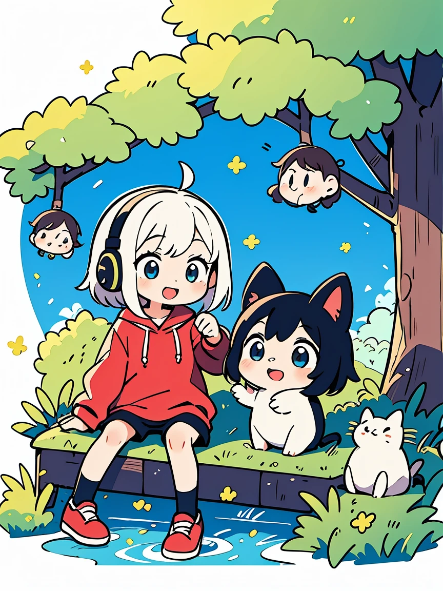 Score_9,Score_8_up,Score_7_up,highest quality,detailed,1 girl,slim, black long , half-tied and straight hair,sweater,loose socks,looking Happy,Happy with me , and a black cat , red hoodie , black headphone , lisening to music , black or pinK eyes ,chibi cute girl with a chibi shorter girl has white and black , short hair with blue eyes like a sysem , two girl 