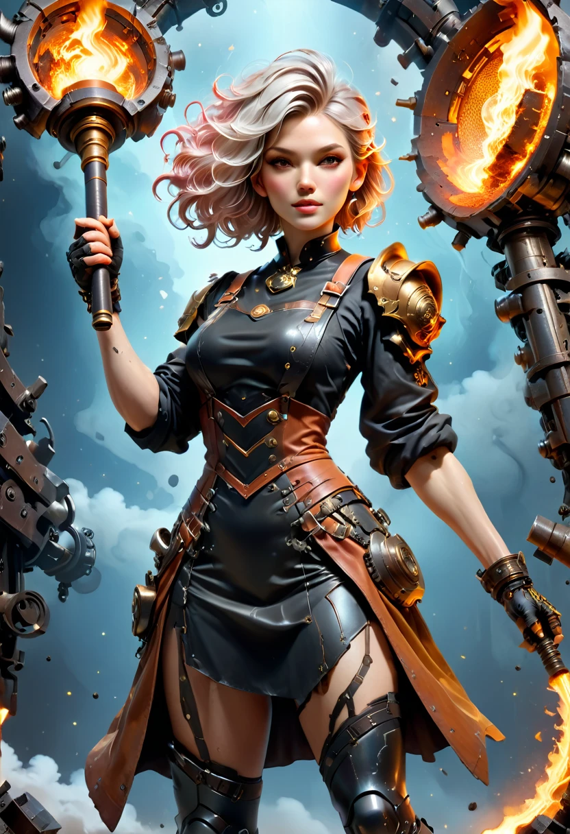 (sfw), (wide angle), 1woman, goddess of the forge, Hephaestus, ((blacksmith woman)), middle-aged woman in her 40s, slim well toned physique, ((medium length wavy with crimson roots fading to black tips)), burn scars on chest and arms, (wearing leather apron, apron with glowing symbols), (tight black button up shirt) , (wearing skin tight white leggings), ((swings a huge smithy hammer in one hand, over her head)), smith's hammer is glowing green, she stands at an angelic anvil, (set inside a massive robotic factory:1.37), ((high resolution)), intricately detailed facial features, detailed piercing eyes, refined jawline, masterpiece, 8k, ((hyper realistic)), 3/4 profile view, cinematic lighting, dramatic shadows, warm color tones, intricate details, hyper-detailed, battle hammer, hyperkraximalism, perfection style, spl1th41r, two tone hair, starbuni 