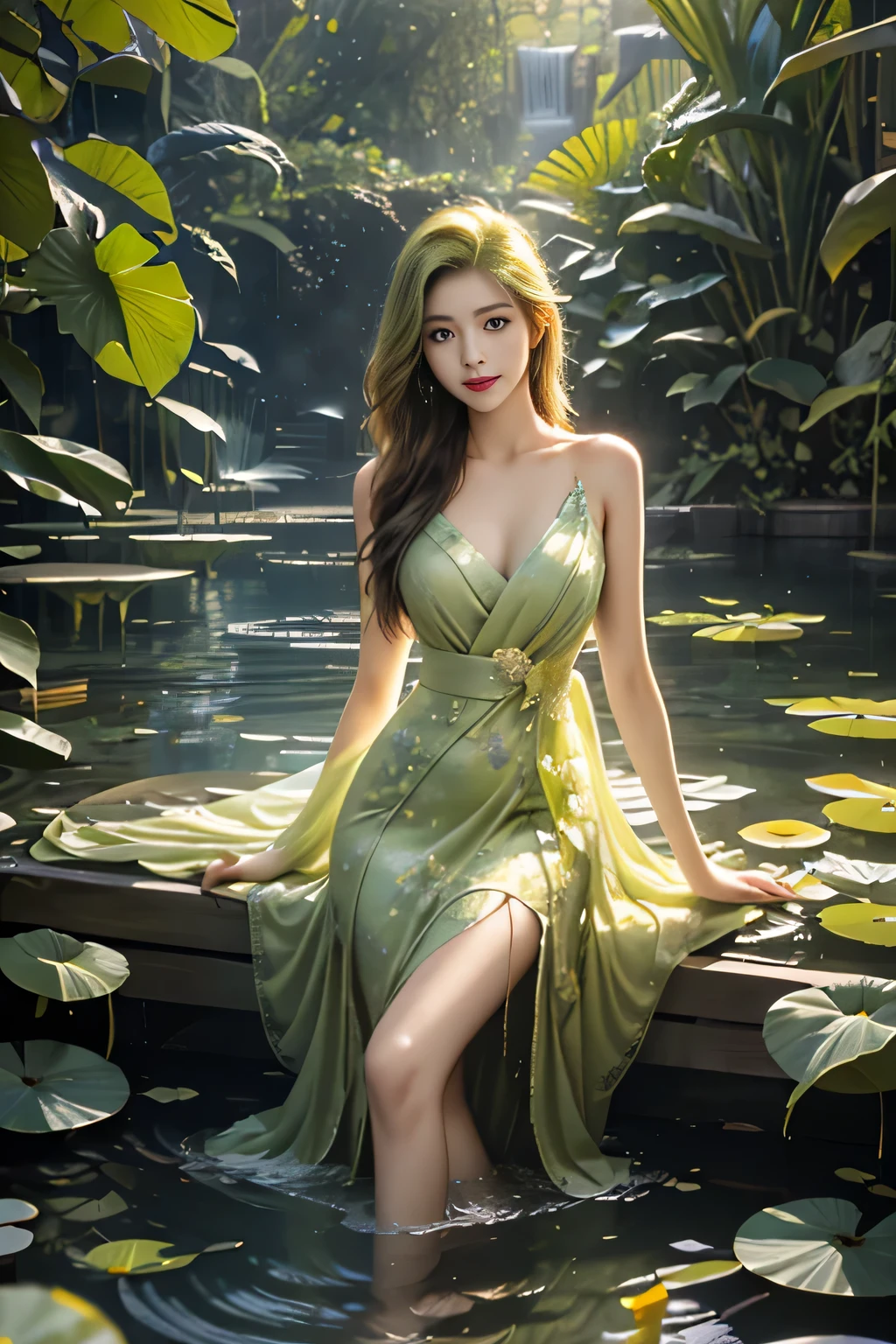 (realistic: 1.3) (manuscript: 1.2), Masterpiece, best quality, ((Hibiscus flowers blooming on knotty branches on gray background.)), Fractal mandala background, poetry intimacy. colorful, beautiful naked Forest Goddess, expressive eyes, perfect face, Highly detailed, high resolution, 1 sexy girl dressed in the forest, flower, leave, Mandala, Fractal, girl in the forest, Forest Goddess, ((Old antique clock floating on water )), ((Lanterns hanging from trees)), ((full body)), Black hair mixed with gold, My hair is too long., Hair blown by the strong wind, ((transparent clothes)), ((exposed breasts)), ( (open top transparent)), Mandala and flower tattoo, illustration, Delicate and very beautiful, very detailed, CG, unity, 8k wallpaper, Big file size, Very wide lens, soft light, smile a little, (( transparent clothes showing naked body)), ((Well-detailed eyes look up.)), ((Latin girl sitting on a tree trunk)), oil painting, Latin tan, ((night sky full moon )), ((falling autumn leave)), ((Girl looking at an old clock)), nNRF,(( Felicity Jones)), (Spectacular), (very beautiful), (erotic:1.2), (sublime: 1.0 ), (extremely sensitive: 1.0), (intelligent and understanding: 1.2), nNRF, NRF, ((The skin is wet with water.)), ((feet on the grass)), ((girl sitting on a tree trunk, feet on the grass)), blushing, lamp, fog, Mystery and imagination, ((Reflection of the full moon on a distant lake)), distant mountains, Wop style, ((Roman column)), ((wall with ivy and flower)), (Wall with bougainvillea flowers)), ((Bougainvillea))