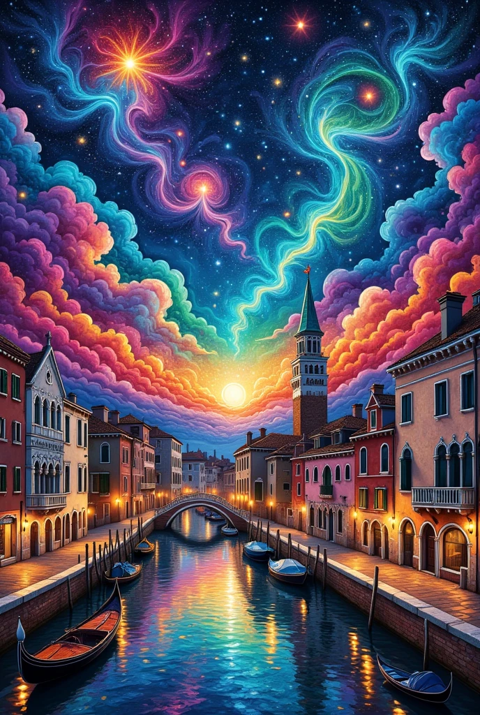 Zentangle style painting:Venice night sky,Illustrated style,Draw with thick lines,Detailed pattern,cute,,Gentle colors,Cast a colorful spell,Nice background image,masterpiece,Masterpiece,Light and Shadow,Draw carefully,Fractal Art,rendering,Vibrant colors,Fantasy,Gorgeous,rendering,Magical Elements,