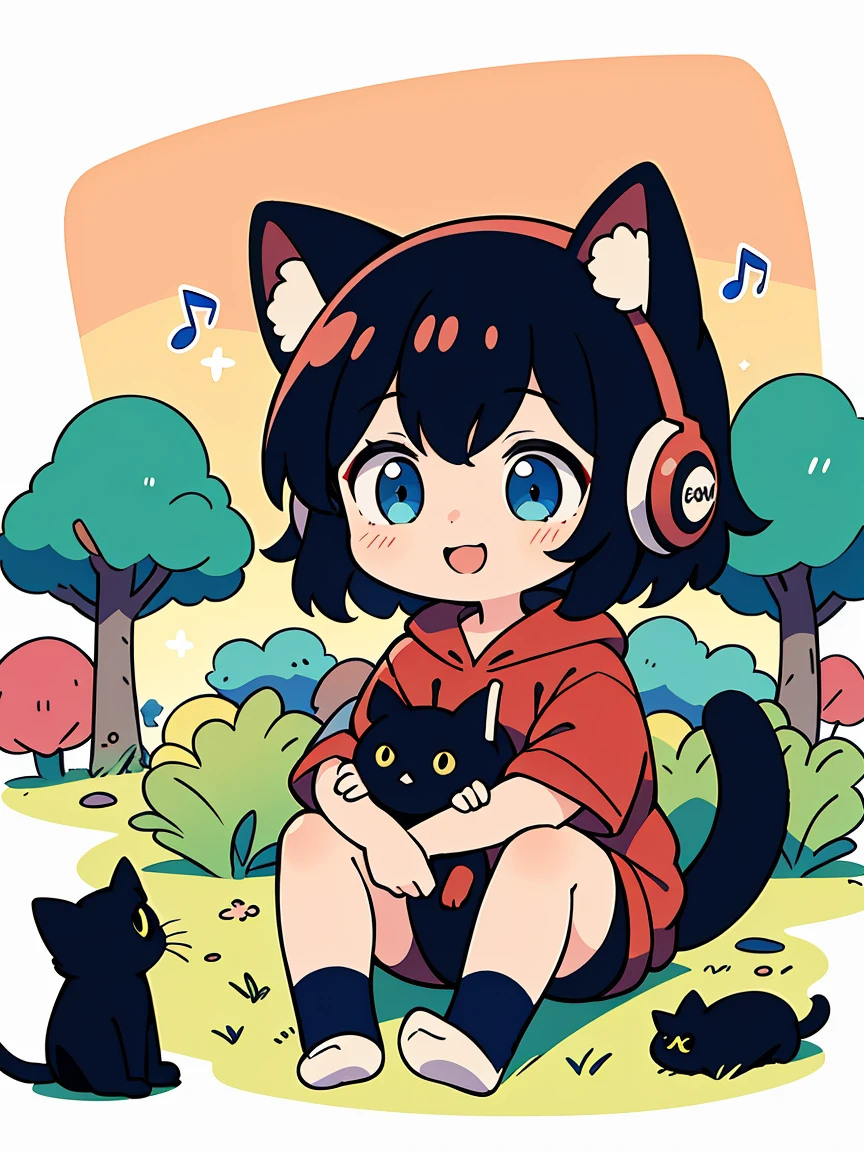 Score_9,Score_8_up,Score_7_up,highest quality,detailed,1 girl,slim, black long , half-tied and straight hair,sweater,loose socks,looking Happy,Happy with me , and a black cat , red hoodie , black headphone , lisening to music , black or pinK eyes,  and one  chibi shorter girl has white and black , short hair with blue eyes like a sysem 