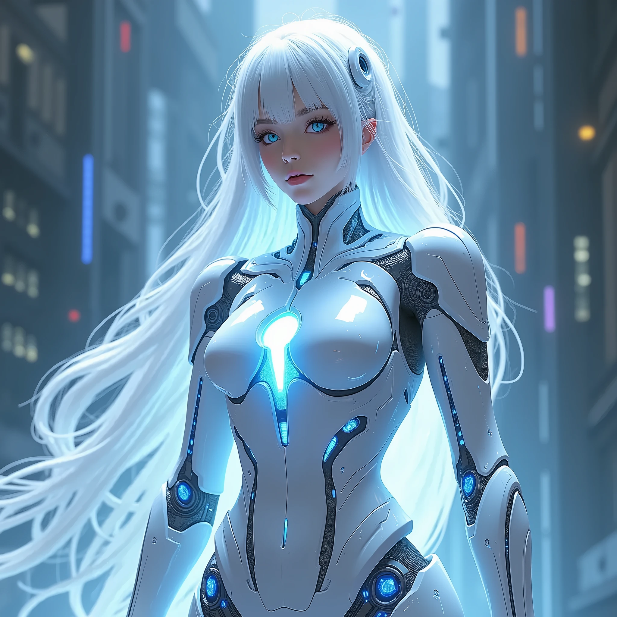 crystal empress of darkness,a crystal woman in a futuristic suit with a glowing head and chest, cyberpunk art inspired by Marek Okon, cgsociety contest winner, digital art, gynoid cyborg body, girl in mecha cyber armor, cyber suit, cybersuit, in white futuristic armor, cybersuits, diverse cybersuits, gynoid body, echo from overwatch, perfect anime cyborg woman
