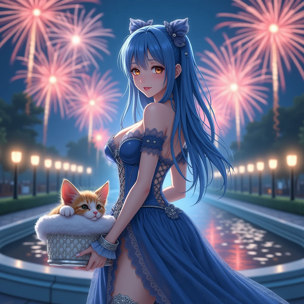 (Masterpiece) (High Detail) (High Res) A short slim humanoid girl with pale human skin and blue eyes and long blue hair and blue dog ears and a fluffy blue dog tail and medium breasts. She is stood outside a restaurant and is wearing a sequin covered dress. She is holding a bouquet of colourful flowers. She is shy. she is blushing.